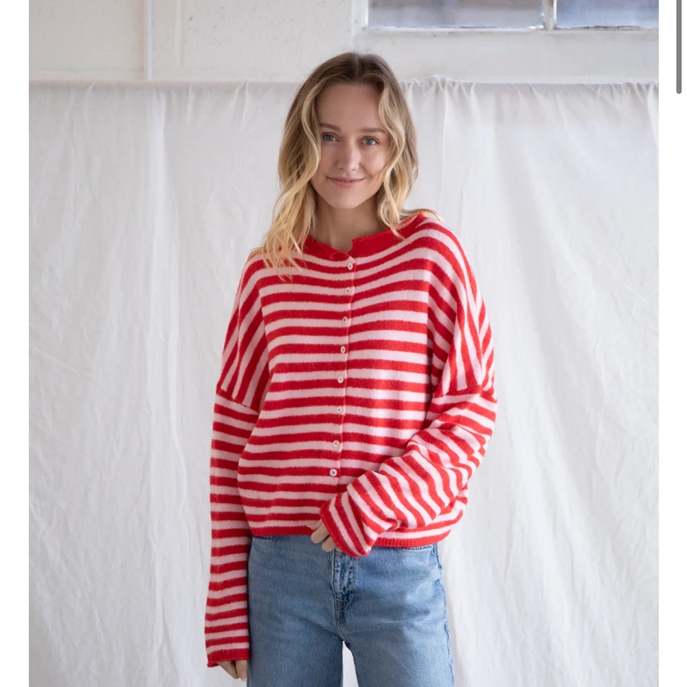 Red and White Striped Women's Cardigan